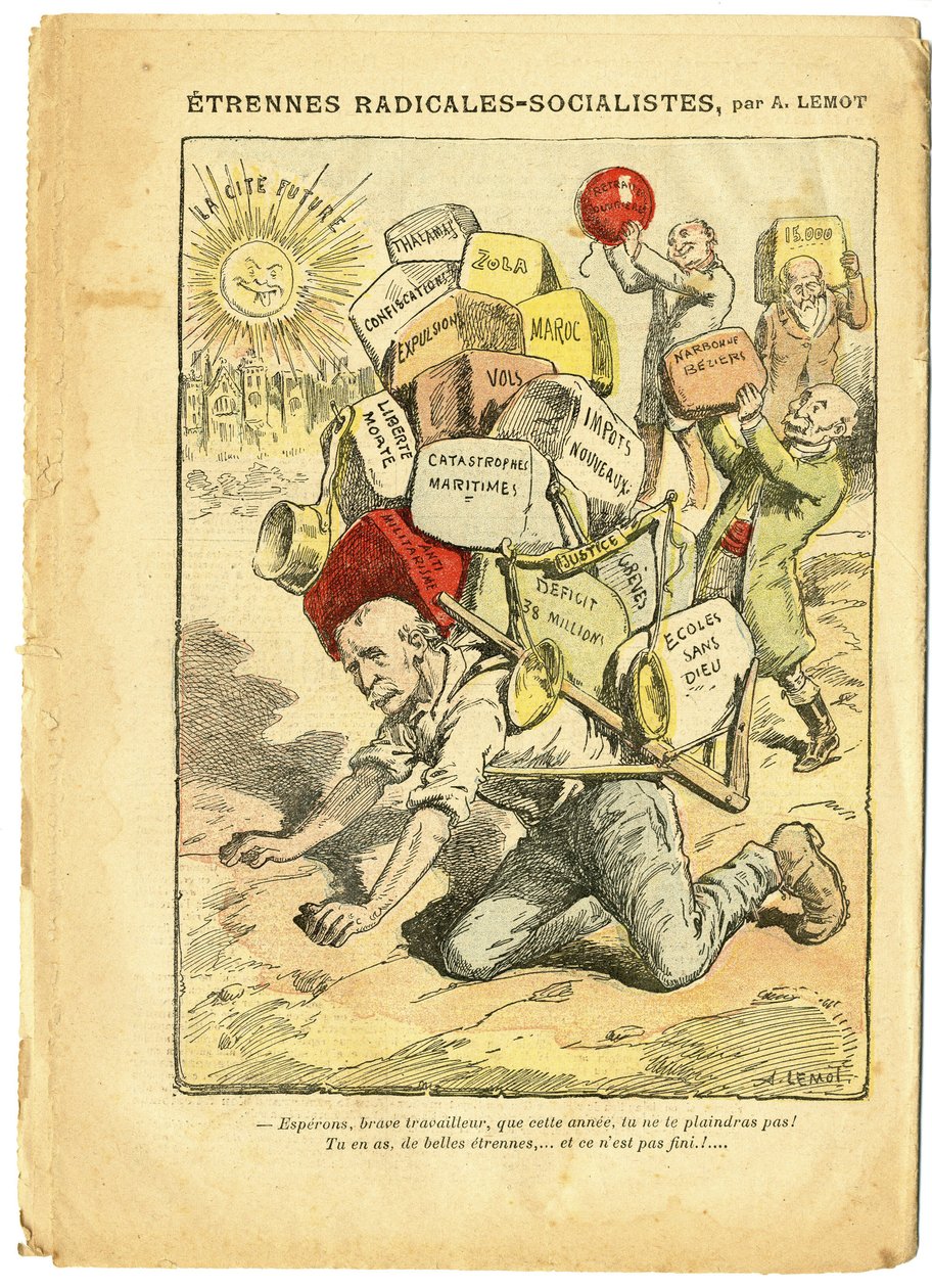 Illustration af Achille Lemot (1846-1909) i Le Pelerin, 03/01/09 - Radikal-socialistiske strenge - Radikalisme, Undervisning, Religion Tro, Marokko, Ateisme, Radikale og Radikal-Socialistiske Parti, Katolsk Katolicisme - Laicisation Laicite Laiques - Cleme af Achille Lemot