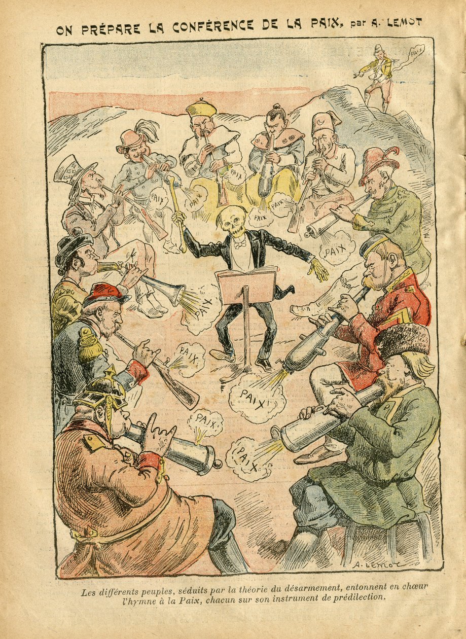 Illustration af Achille Lemot (1846-1909) i Le Pelerin, 03/02/07 - Forberedelse af fredskonferencen - Rusland, Tyskland Preussen, Asien, Musik, Amerika USA USA, England Storbritannien, Øst, Europa, Italien, Kina, Kanoner , skaller, Fred, Dans, Frankrig, Ne af Achille Lemot