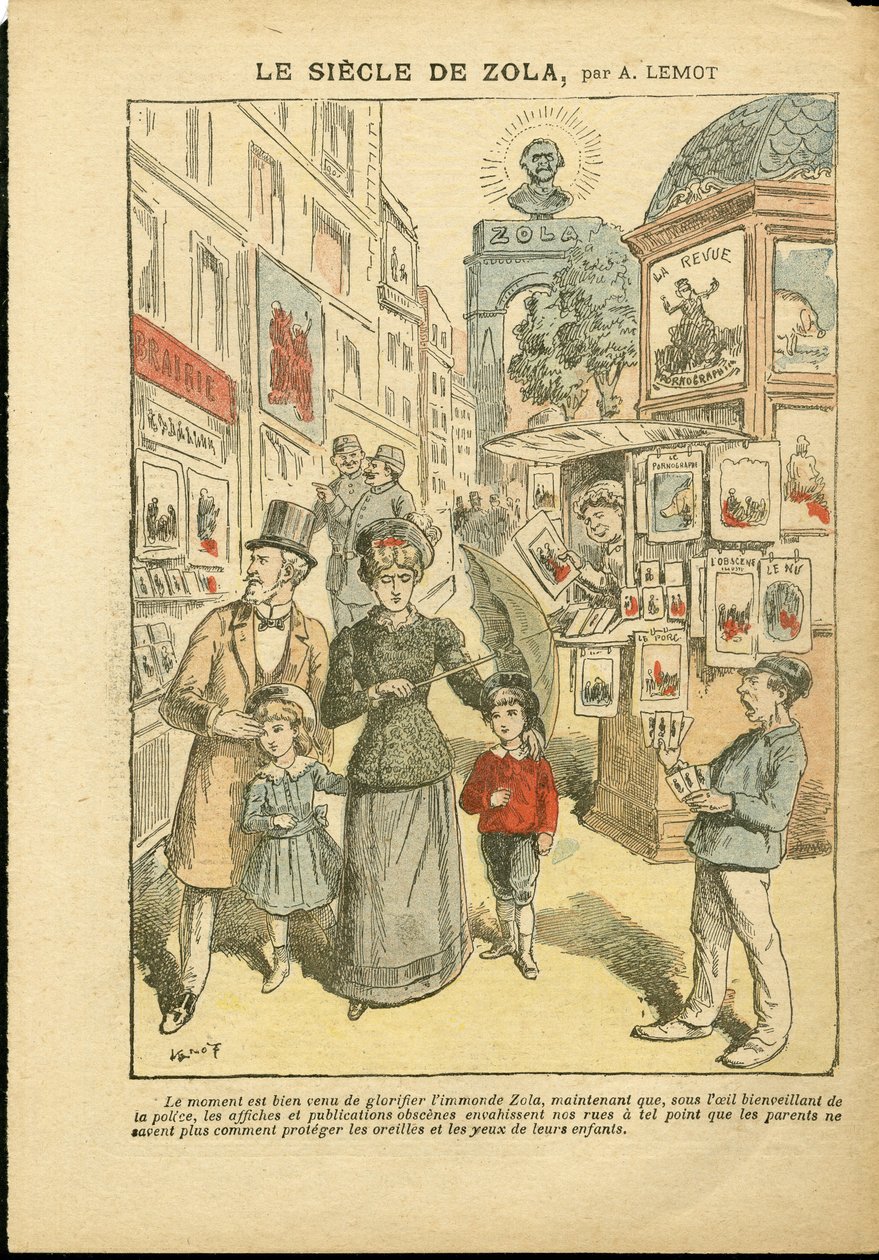 Illustration af Achille Lemot (1846-1909) i Le Pelerin, 03/05/08 - Zolas århundrede - Religion Tro, Familie, Pornografi, Aviskiosker, Katolsk Katolicisme, Rue alley - Zola Emile af Achille Lemot