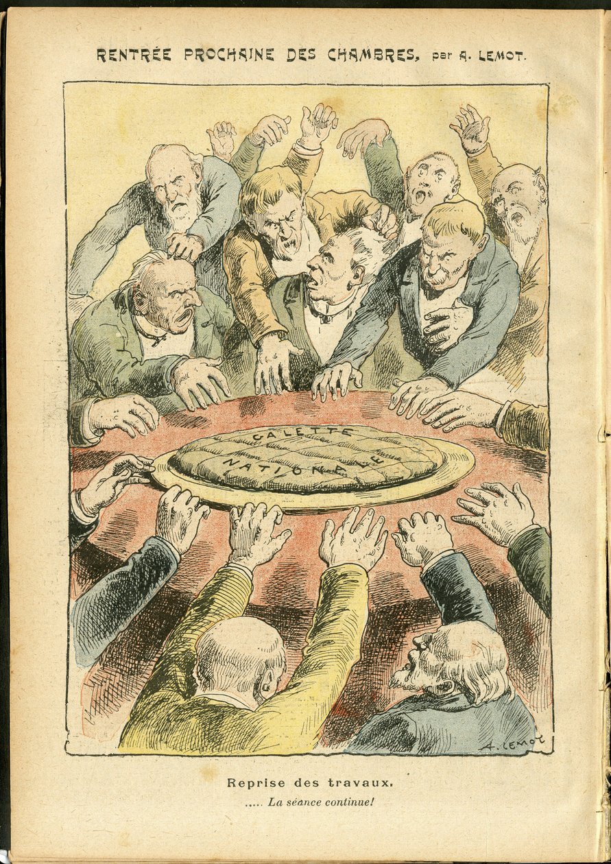 Illustration af Achille Lemot (1846-1909) i Le Pelerin, 03/06/06 - Næste udlejning af kamrene - Antiparlamentarisme, Deputeretkammeret Hemicycle, Galette des rois - Deputeret af Achille Lemot