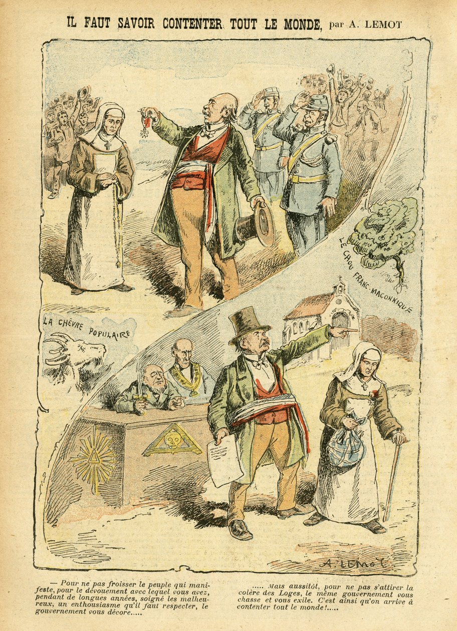 Illustration af Achille Lemot (1846-1909) i Le Pelerin, 03/09/05 - Du skal vide, hvordan du kan behage alle - Antiklerikalisme, Antimakonisme Freemaking, Religion Tro, Medalje, Bloc des lefts, Katolsk Katolicisme - Udsættelse af religiøse, Laicization Lai af Achille Lemot