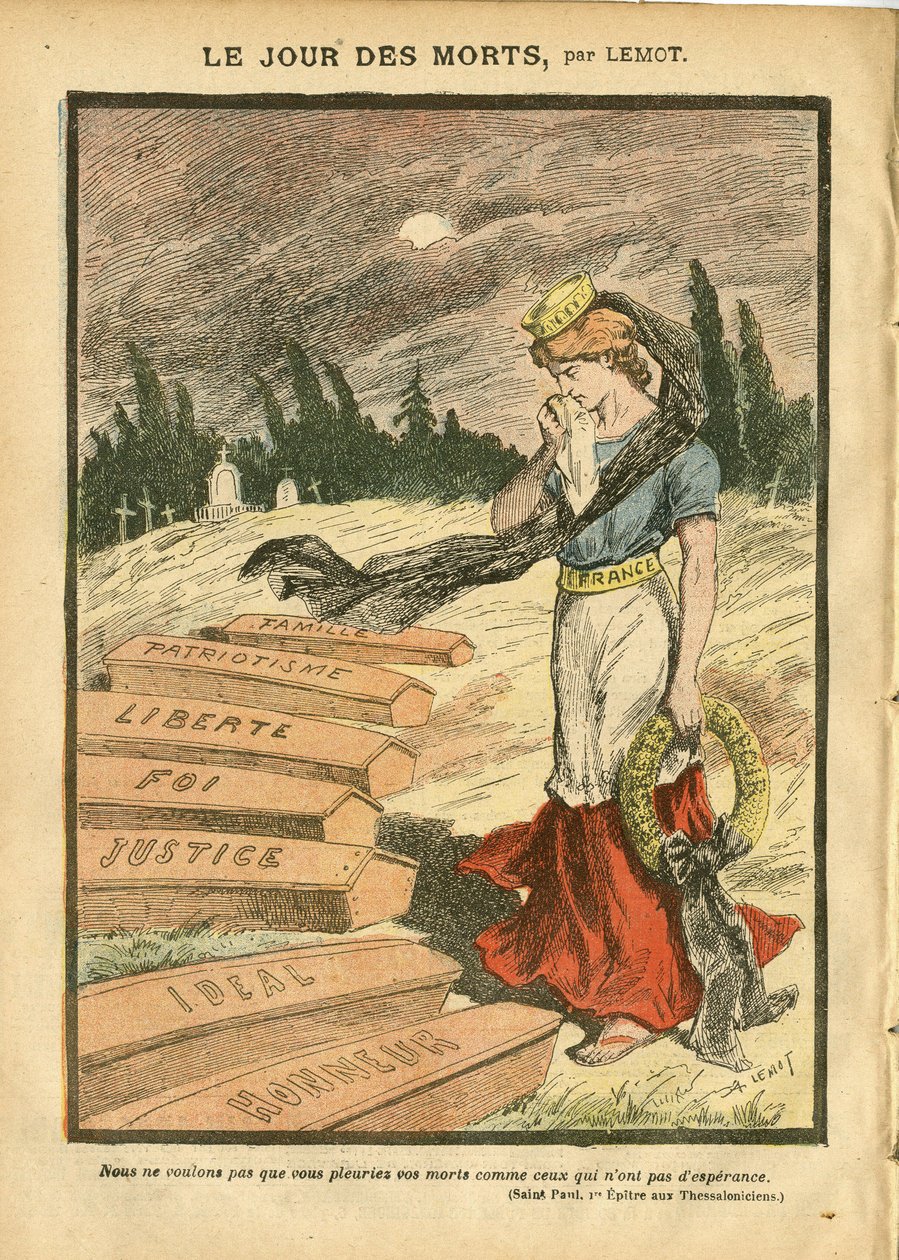 Illustration af Achille Lemot (1846-1909) i Le Pelerin, 03/11/07 - De Dødes Dag - Retfærdighedsprocedurer, Religion Tro, Liberte, Frankrig, Trefarvet Flag, Patriotisme, Sørgende Obseque Begravelse, Ære, Kist - Marianne - Døden, religiøs metafor af Achille Lemot
