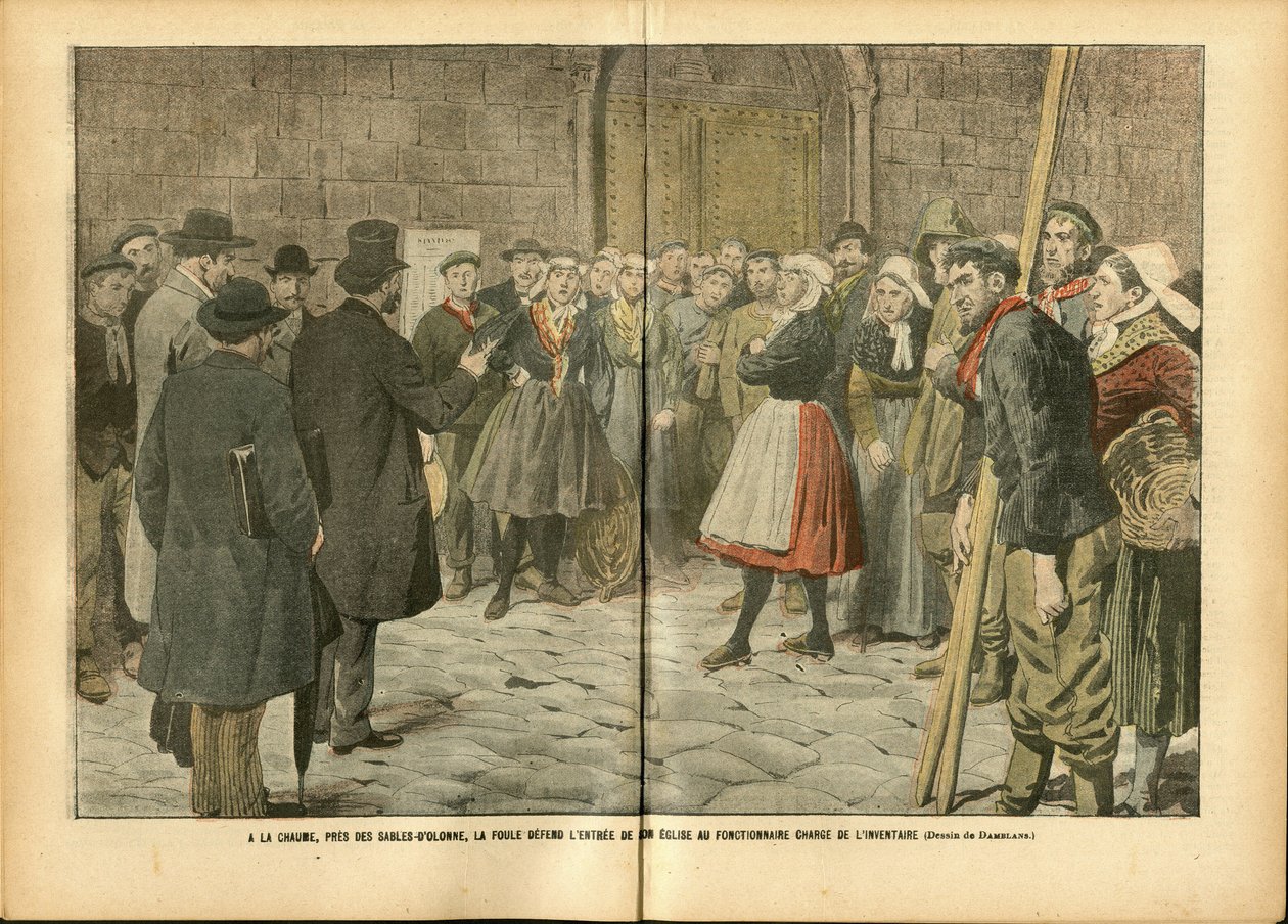 Illustration af Achille Lemot (1846-1909) i Le Pelerin, 04/02/06 - Religion Tro, folkemængde, katedraler i kirker, katolsk katolicisme - adskillelse af kirke og stat, opgørelser/reaktioner på opgørelser af Achille Lemot