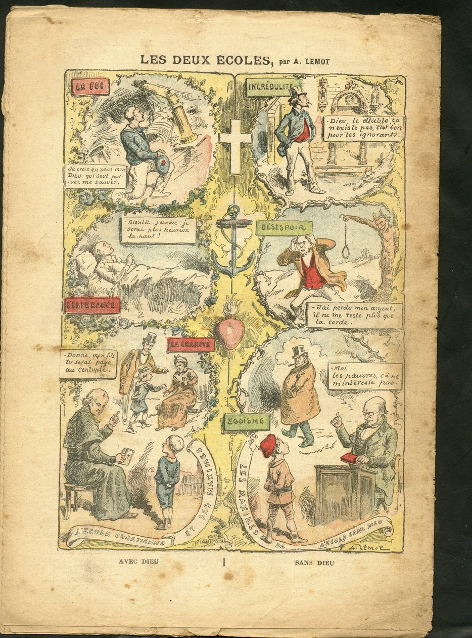 Illustration af Achille Lemot (1846-1909) i Le Pelerin, 04/04/09 - De to skoler - Undervisning, Religion Tro, Katolsk Katolicisme - Laicisation Laicite Laiques Love - Lærer, Lycean-studerende, kollegianer, Cures af Achille Lemot
