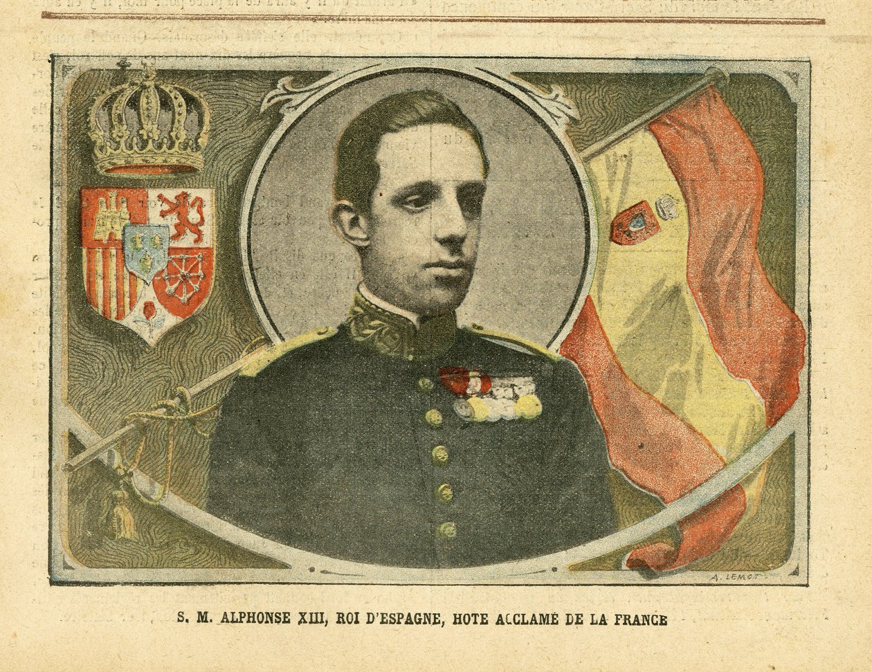 Illustration af Achille Lemot (1846-1909) i Le Pelerin, 04/06/05 - Hans Majestæt Alfonso XIII, konge af Spanien, Hote Acclame of France - Spanien, Monarki, Flag, Udenlandsk suveræn - Alfonso XIII af Achille Lemot