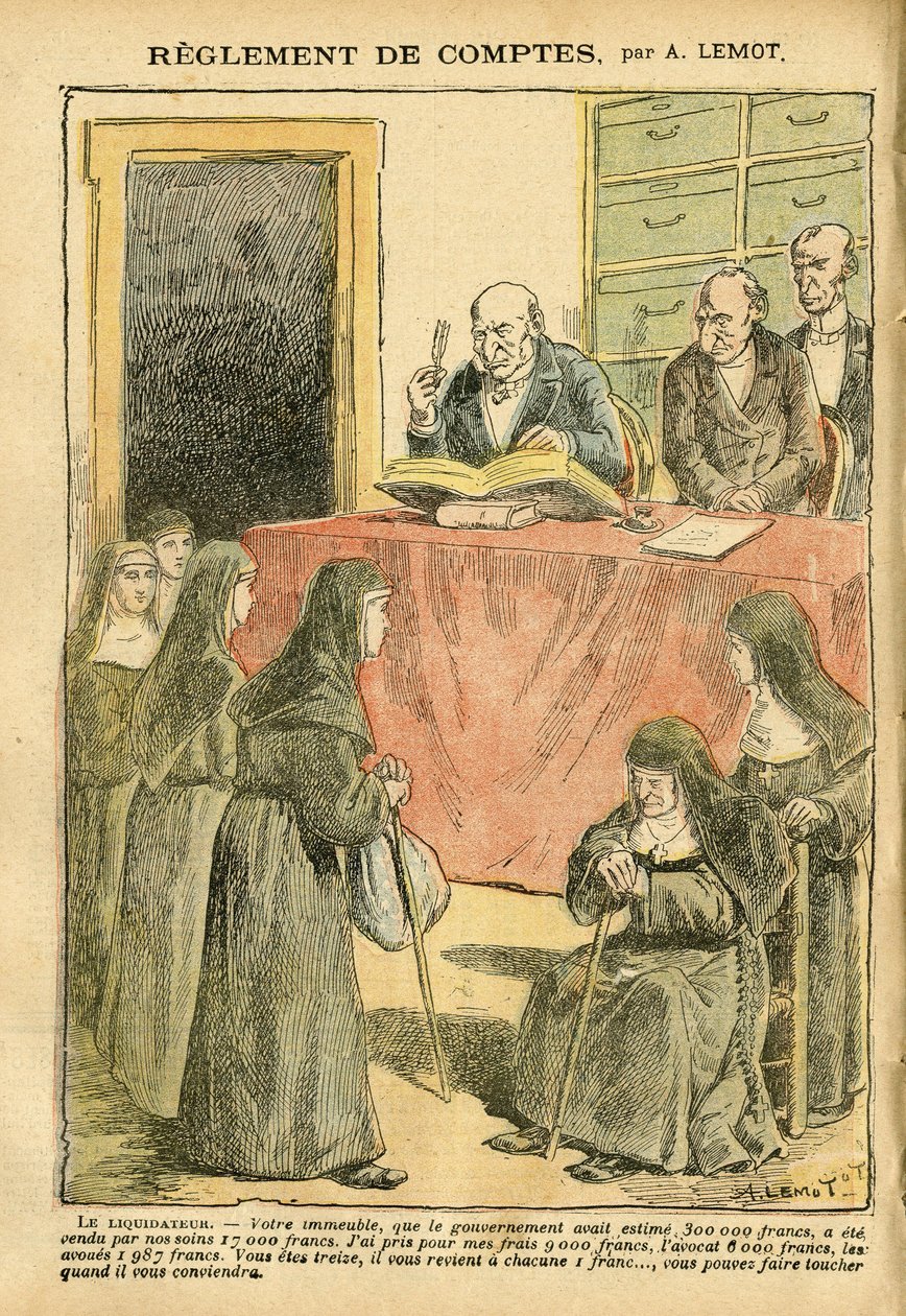 Illustration af Achille Lemot (1846-1909) i Le Pelerin, 04/08/07 - Regulering af regnskaber - Antisemitisme, Religion Tro, katolsk katolicisme - Adskillelse af kirke og stat, opgørelser/reaktioner på opgørelser - Nonner søstre gode søstre af Achille Lemot