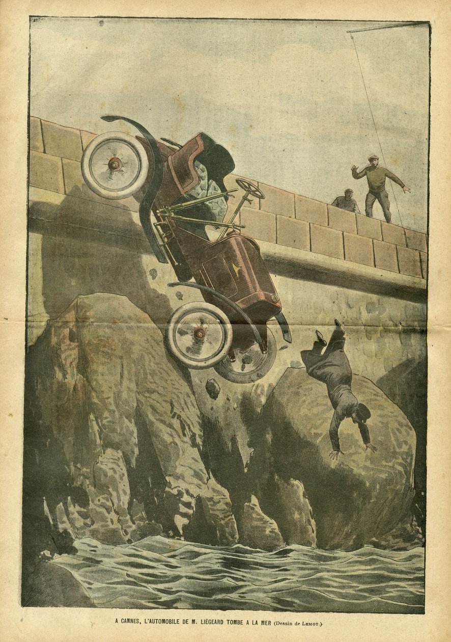 Illustration af Achille Lemot (1846-1909) i Le Pelerin, 05/05/07 - I Cannes falder hr. Liegards bil til havet - Diverse fakta, Bilindustri, Marine Marine Seaside, Ulykker Katastrofer af Achille Lemot