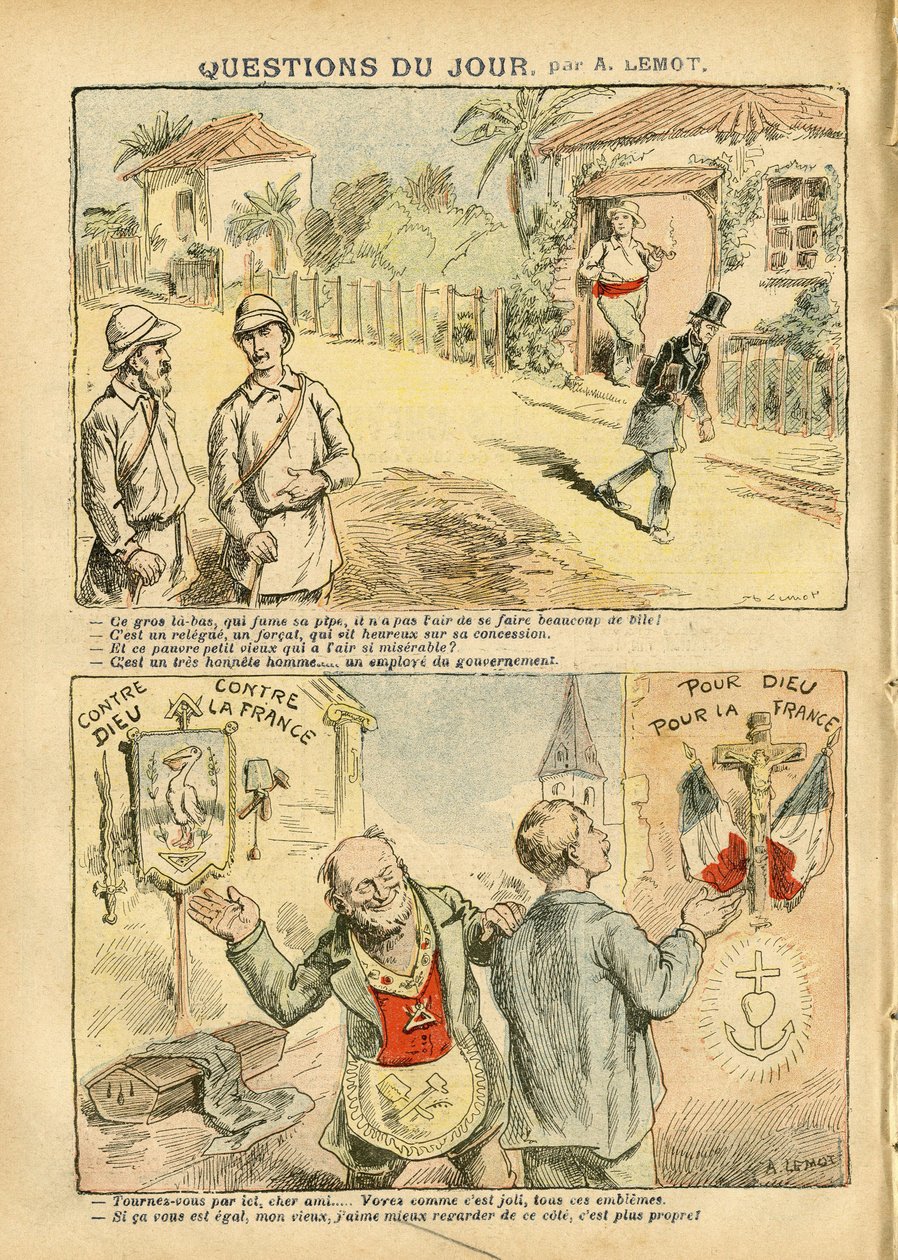 Illustration af Achille Lemot (1846-1909) i Le Pelerin, 06/10/07 - Dagens spørgsmål - Kolonisering Kolonialisme Kolonisme, Antimakonisme Freemaking, Religion Tro, Ateisme, Patriotisme, Eksil, Katolsk Katolicisme - Nybyggere, Explorer, Forcats, Bagnards af Achille Lemot