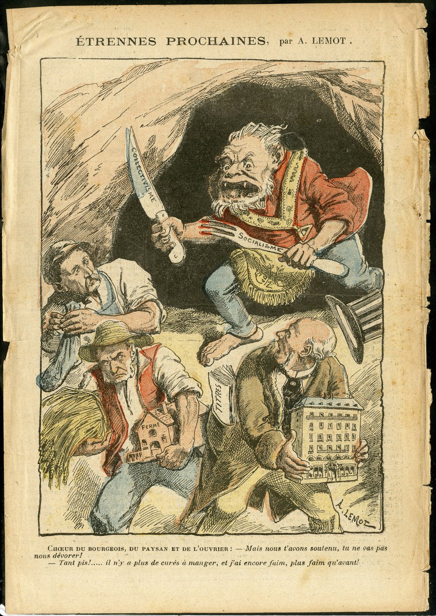 Illustration af Achille Lemot (1846-1909) i Le Pelerin, 07/01/06 - Næste fremmed - Landbrug, Kollektivisme, Socialisme - Arbejder, Bønder, Landmænd - Ogre/spise/sluge, Animalisering af Achille Lemot