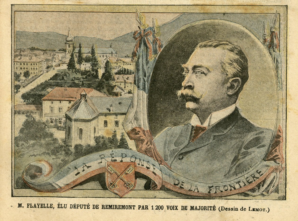 Illustration af Achille Lemot (1846-1909) i Le Pelerin, 07/02/04 - M. Flayelle, valgt som deputeret i Remiremont med 1200 stemmer - Valg, Alsace Lorraine, Chambre des deputes Hemicycle, Patriotisme, Frontières, Remiremont, Vosges - Depute, Flayelle af Achille Lemot