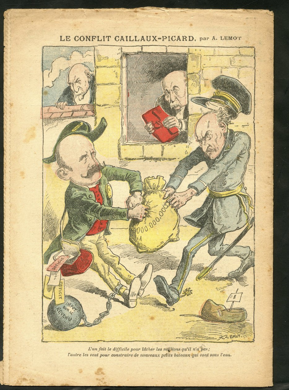 Illustration af Achille Lemot (1846-1909) i Le Pelerin, 07/03/09 - Caillaux-Picard-konflikten - Beskatning, indkomstskat - Combes Emile (1835-1921), Clemenceau George, Caillaux Joseph (1863-1944) af Achille Lemot