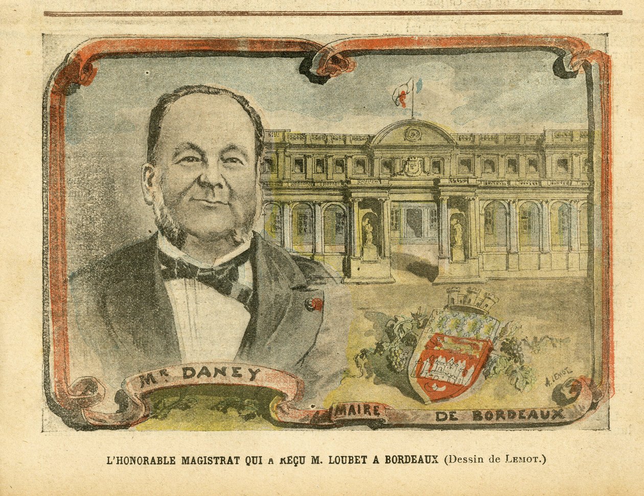 Illustration af Achille Lemot (1846-1909) i Le Pelerin, 07/05/05 - Den ærede dommer, der modtog M. Loubet i Bordeaux - Architecture Urbanisme, Republikkens præsident, Bordeaux - Borgmester, Daney Alfred (1832-1911) af Achille Lemot