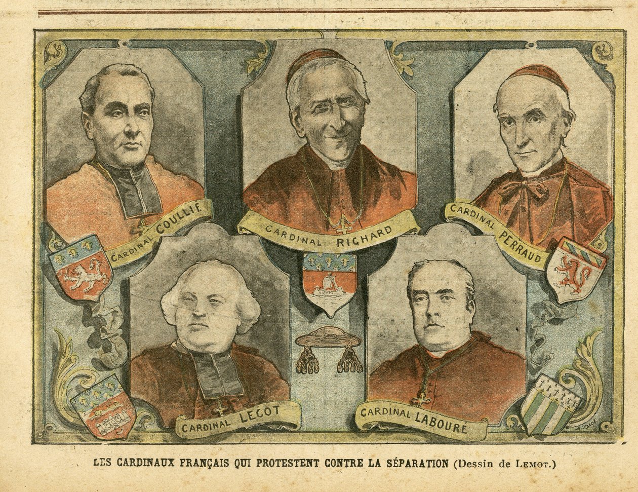 Illustration af Achille Lemot (1846-1909) i Le Pelerin, 09/04/05 - Franske kardinaler, der protesterer mod adskillelse - Religion Tro, katolsk katolicisme - Adskillelse af kirke og stat - Richard Mgr (1819-1908), Perraud Cardinal (1828) -1906), Lecot Cardi af Achille Lemot
