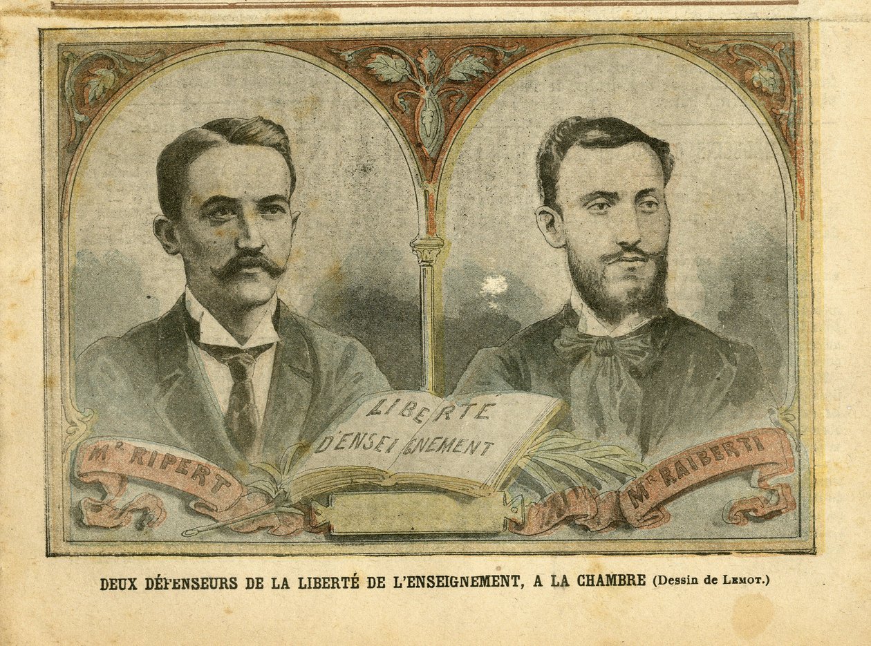 Illustration af Achille Lemot (1846-1909) i Le Pelerin, 20/03/04 - To forsvarere af uddannelsesfriheden - Undervisning, Religion Tro, katolsk katolicisme - Uddannelsesfrihed - Ripert Jean-Baptiste (1870-1958), Raiberti Flaminus (1862-1929) af Achille Lemot