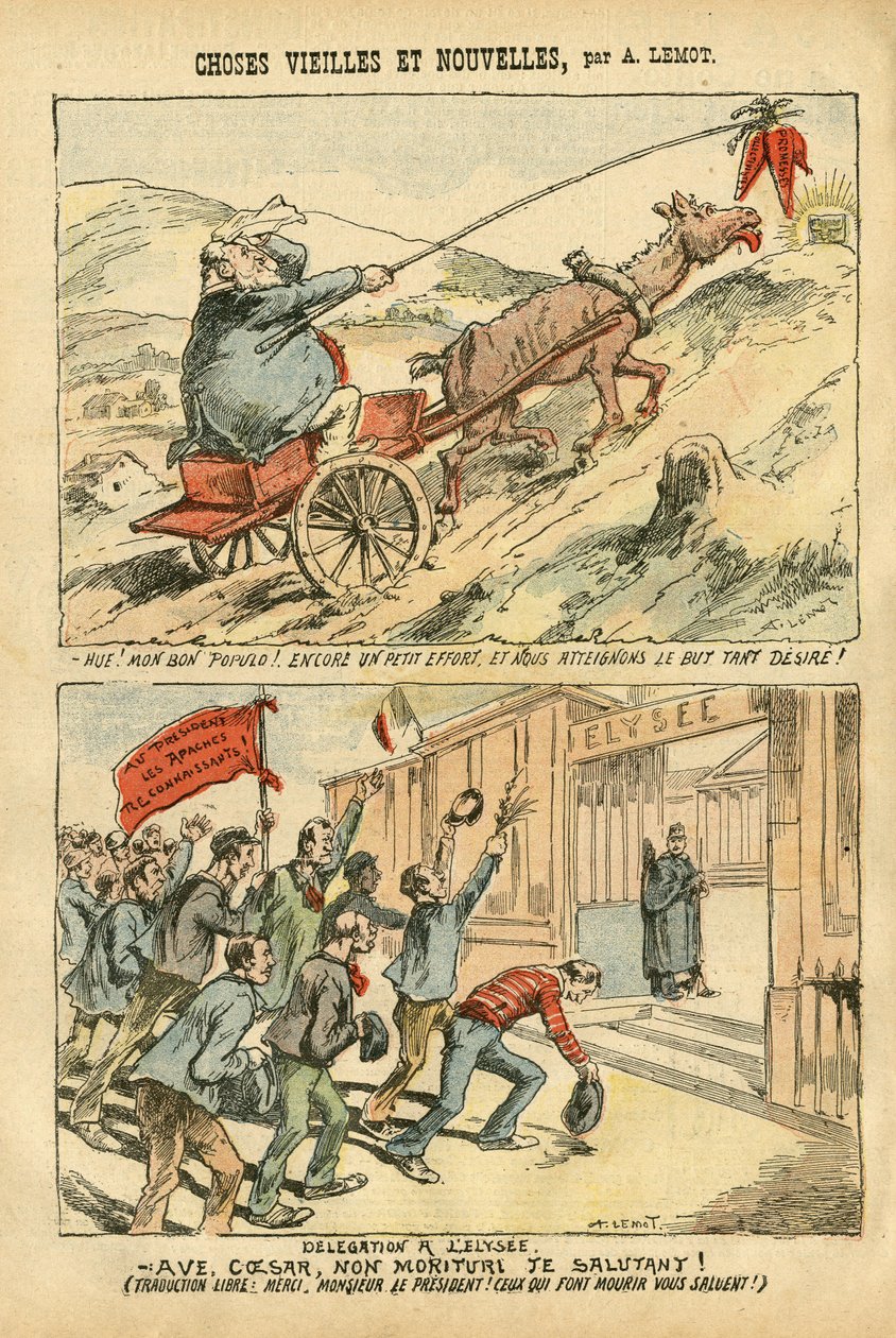 Illustration af Achille Lemot (1846-1909) i Le Pelerin, 20/10/07 - gamle og nye ting - Elysee, Socialisme, Ministere - Jaures Jean, Ane - Portfolio af Achille Lemot
