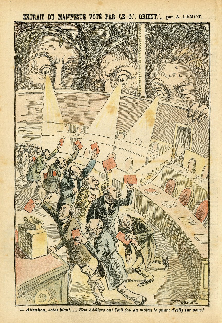 Illustration af Achille Lemot (1846-1909) i Le Pelerin, 20/11/04 - Uddrag fra manifestafstemningen fra Great Orient - Antimaconism Freemaking, Great Orient of France - Urne af Achille Lemot