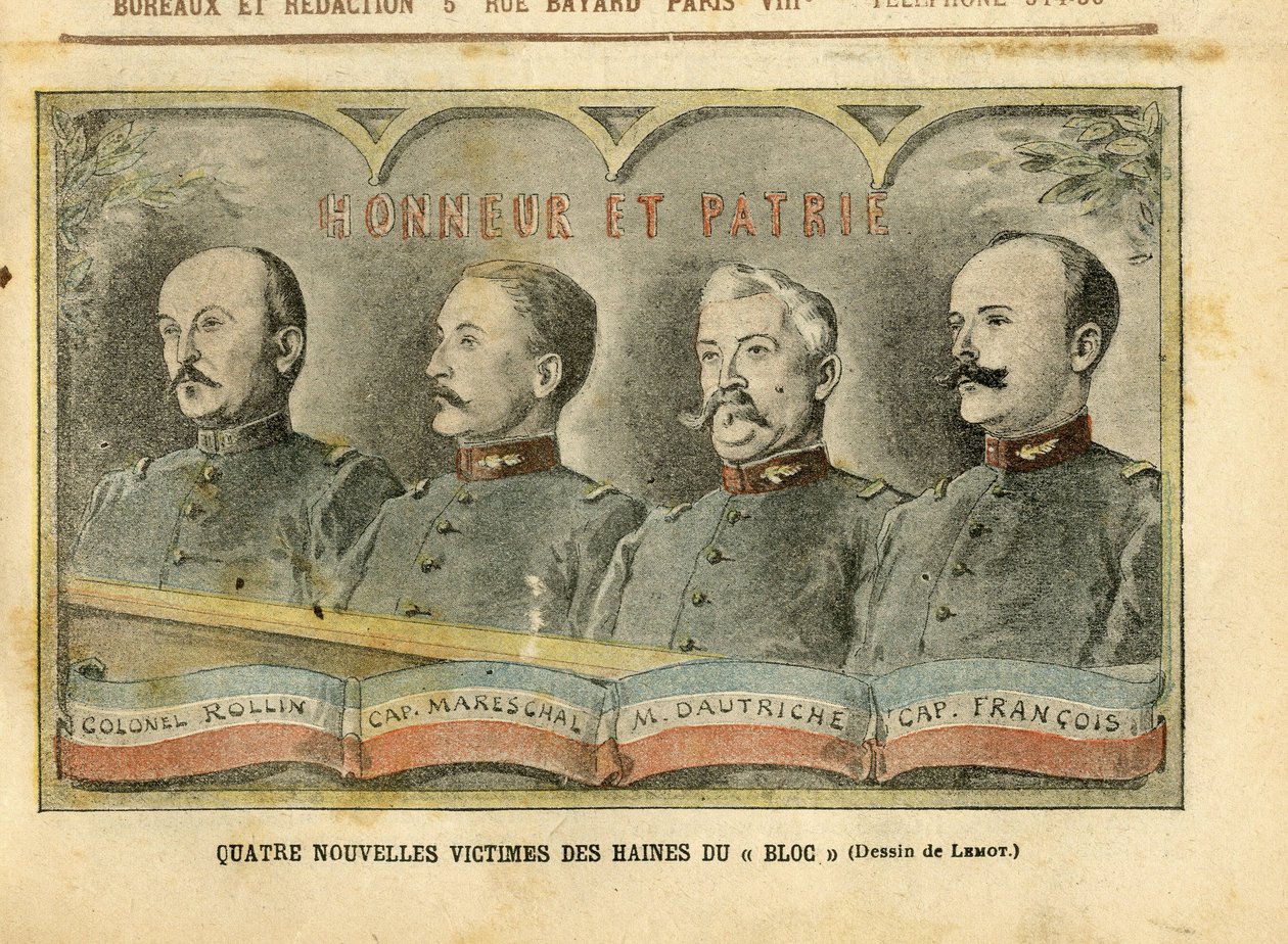 Illustration af Achille Lemot (1846-1909) i Le Pelerin, 20/11/04 - Fire nye ofre for blokhadet - Armee, Fiche-affæren, Patriotisme - Rollin-oberst, Mareschal-kaptajn, Dautriche, Francois-kaptajn af Achille Lemot