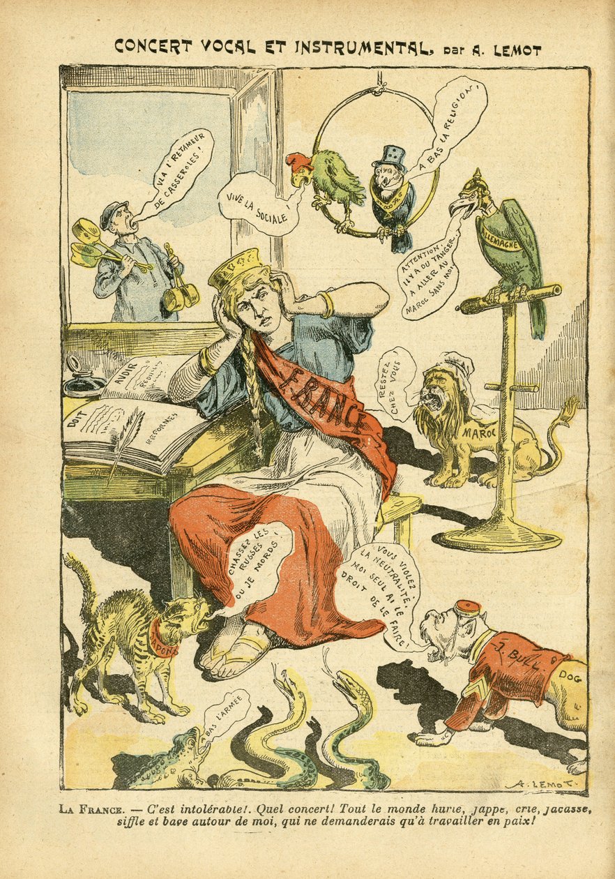 Illustration af Achille Lemot (1846-1909) i Le Pelerin, 21/05/05 - Vokal og instrumental koncert - Rusland, Tyskland Preussen, Musik, England Storbritannien, Europa, Japan, Fred, Marokko, Diplomati, Trefarvet flag, Bloc des lefts, Syngende sangere, Patriot af Achille Lemot