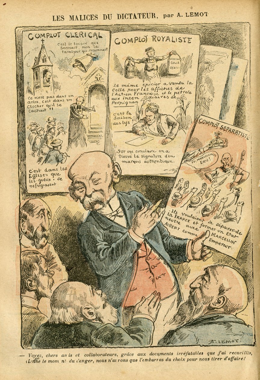 Illustration af Achille Lemot (1846-1909) i Le Pelerin, 21/07/07 - Diktatorens ondskabsfuldhed Klerikal sammensværgelse Royalist Conspiracy Separatist Conspiracy Separatist Conspiracy - Royalisme, Religion Tro, Venstre blok, Katolsk Katolicisme - Clemencea af Achille Lemot
