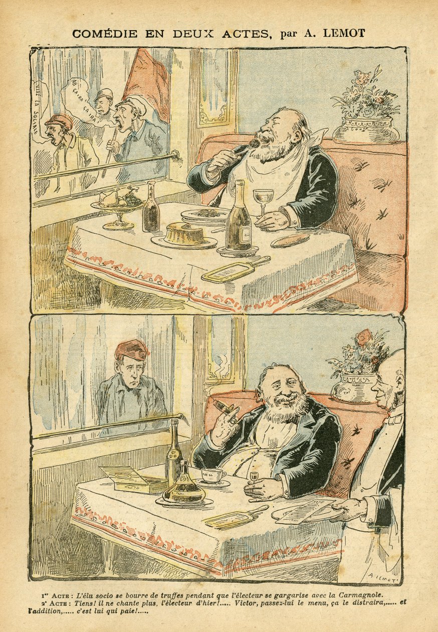 Illustration af Achille Lemot (1846-1909) i Le Pelerin, 22/05/04 - Komedie i to akter - Restaurantcaféer, Gastronomi madlavning, Socialisme - Boys de cafe, Trøffel - Fed/mager af Achille Lemot