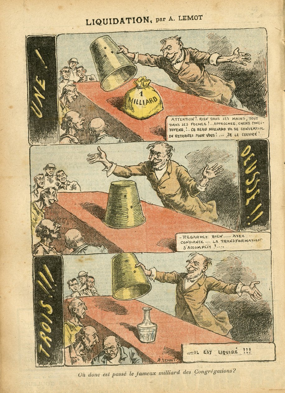 Illustration af Achille Lemot (1846-1909) i Le Pelerin, 23/06/07 - Likvidation - Spil, Religion Tro, Sølv, katolsk katolicisme - Milliard af menigheder - Honneteau af Achille Lemot