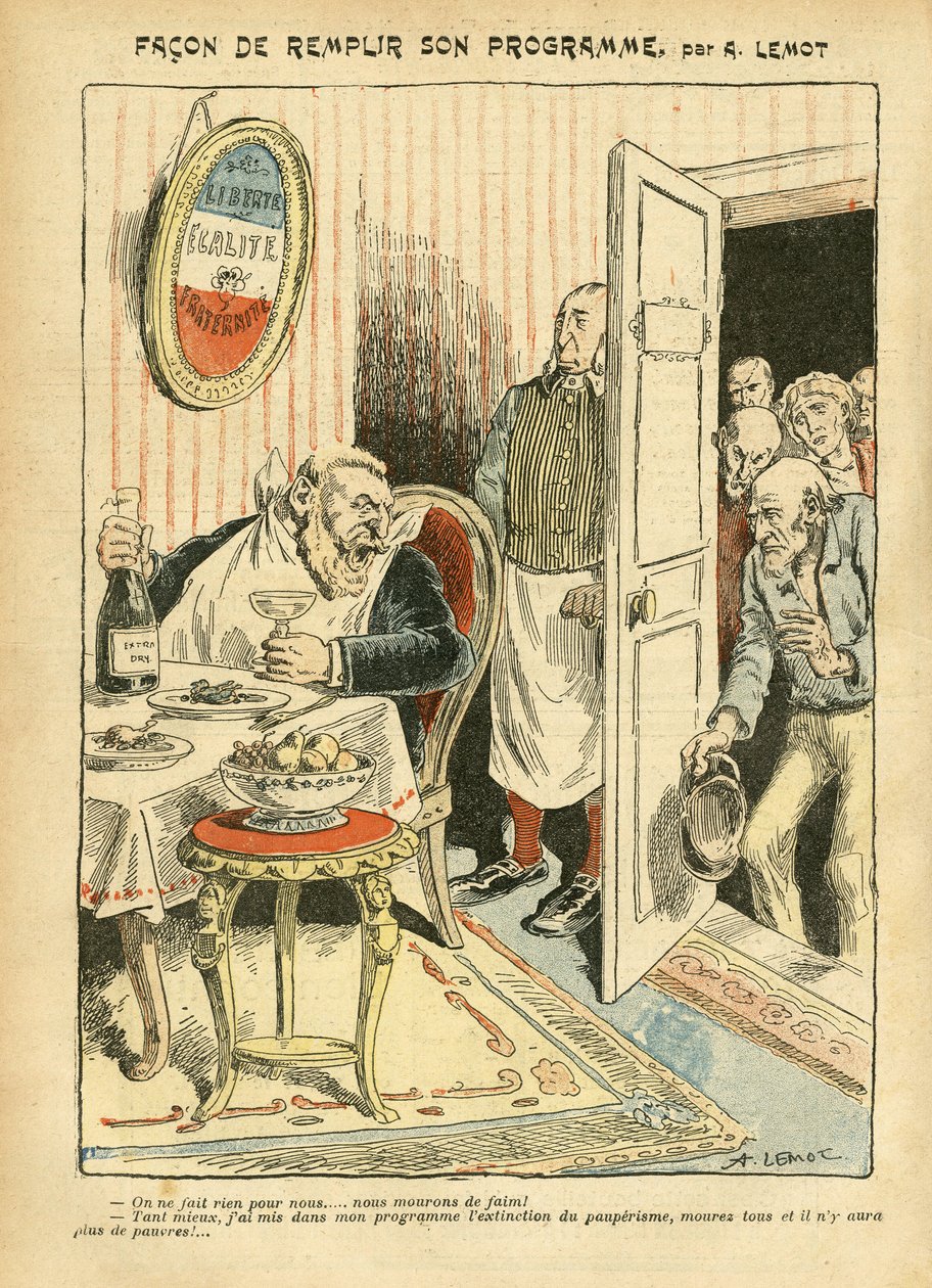 Illustration af Achille Lemot (1846-1909) i Le Pelerin, 23/07/05 - Hvordan man opfylder sit program - Social, Misere, Gastronomi kok, Socialisme - Jaures Jean, Deputeret, Homemans - Mad Metafor, Opposition/Association af Achille Lemot