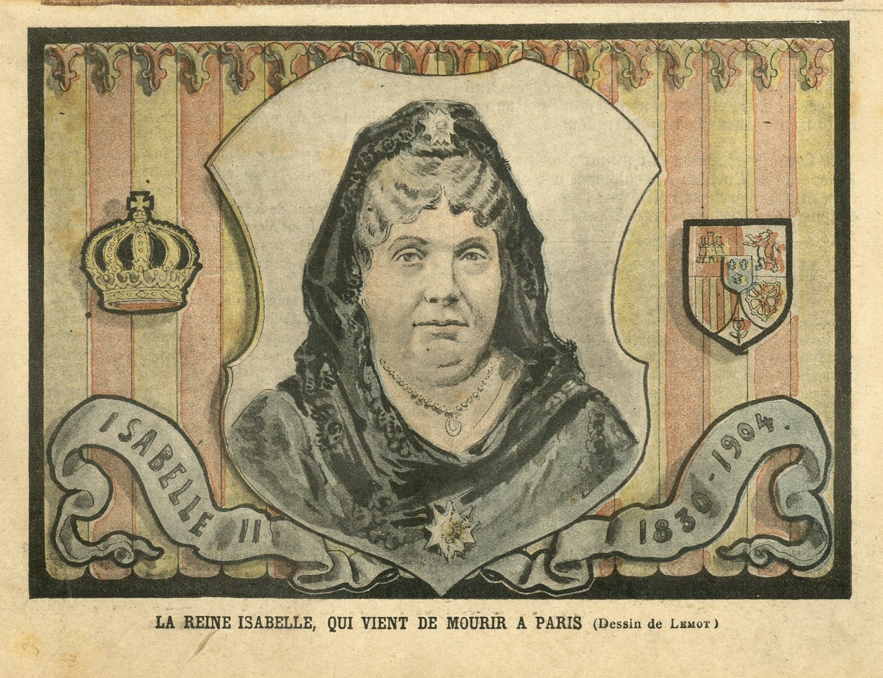 Illustration af Achille Lemot (1846-1909) i Le Pelerin, 24/04/04 - Dronning Isabelle, der netop døde i Paris - Paris, Spanien, Monarki, Udenlandsk suveræn - Isabella II af Spanien (1830-1904) af Achille Lemot