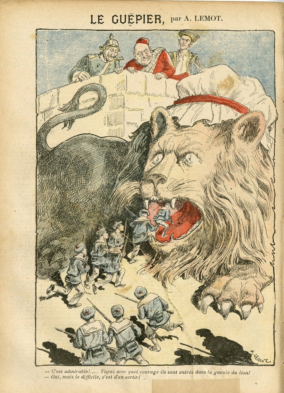 Illustration af Achille Lemot (1846-1909) i Le Pelerin, 25/08/07 - Le Guepier - Krig, Tyskland Preussen, England Storbritannien, Spanien, Maritime Marine Seaside - Lion/Tiger af Achille Lemot