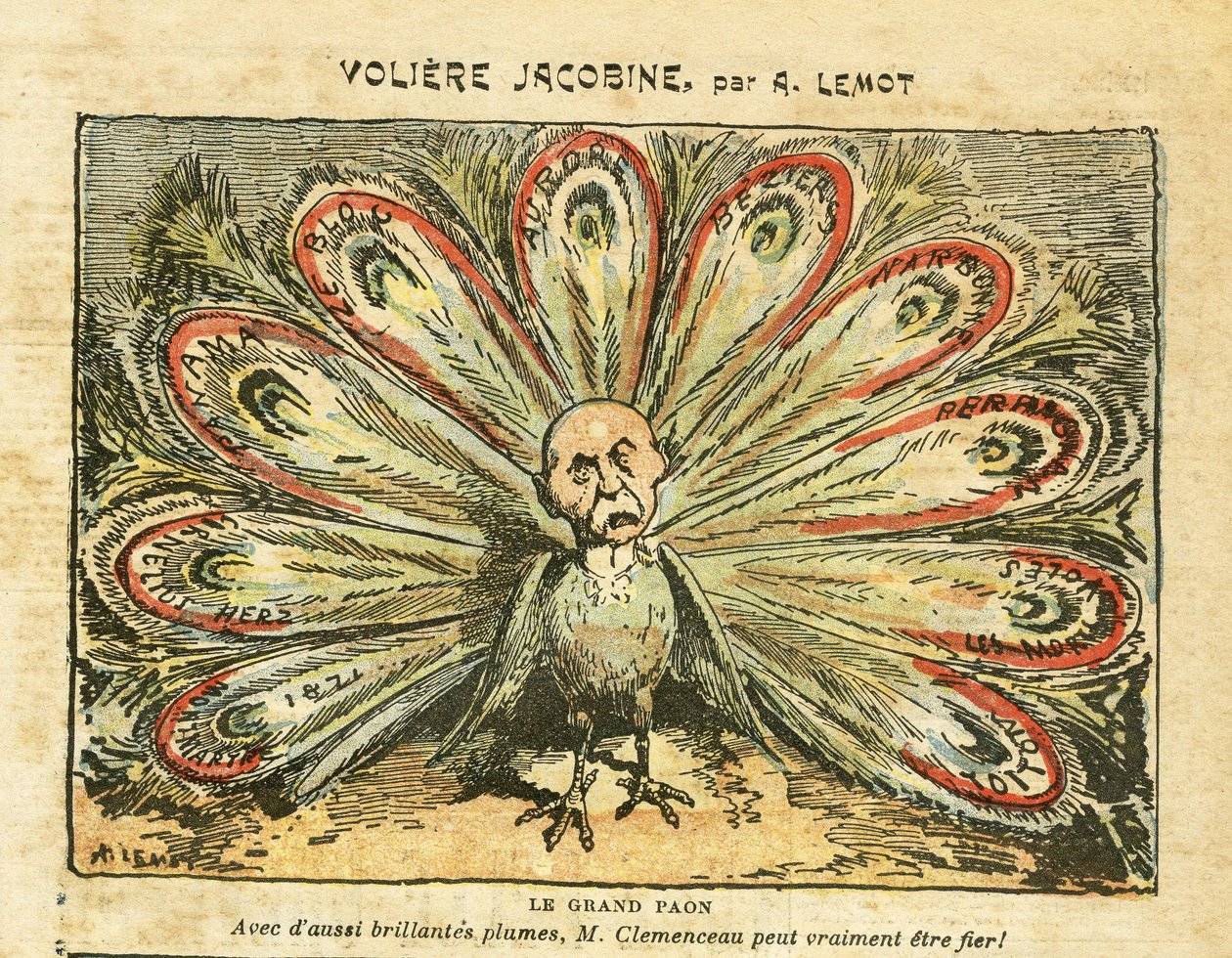 Illustration af Achille Lemot (1846-1909) i Le Pelerin, 26.01.08 - Jacobin voliere - Bloc des lefts, Vinkrisen Revolte des vignerons, Narbonne, Beziers, Aurore (dagbog) - Clemenceau George, Peacock, - Animalisering af Achille Lemot