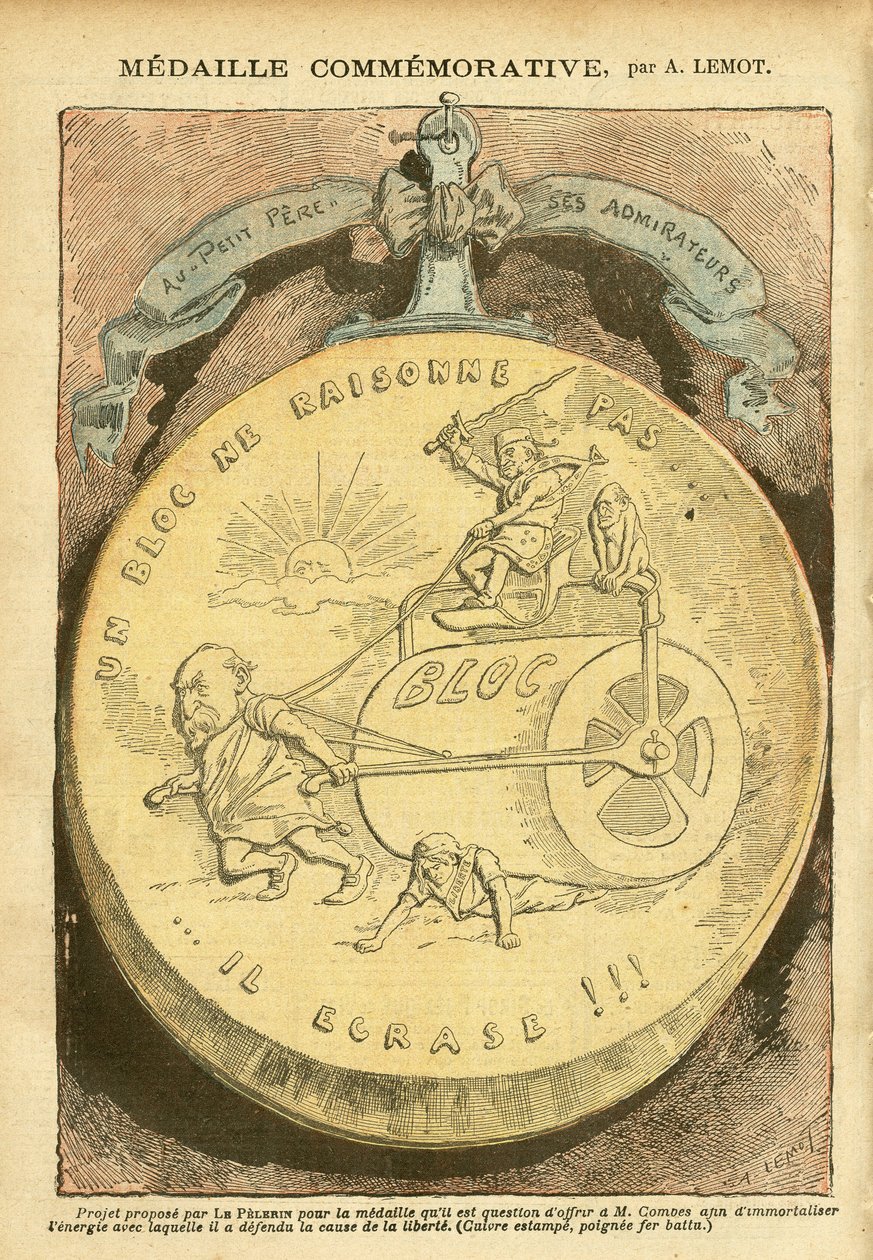 Illustration af Achille Lemot (1846-1909) i Le Pelerin, 26/02/05 - Erindringsmedalje - Antimaconism Freemaking, Kortetui, venstre blok - Combes Emile (1835-1921), Marianne - Gryde af Achille Lemot