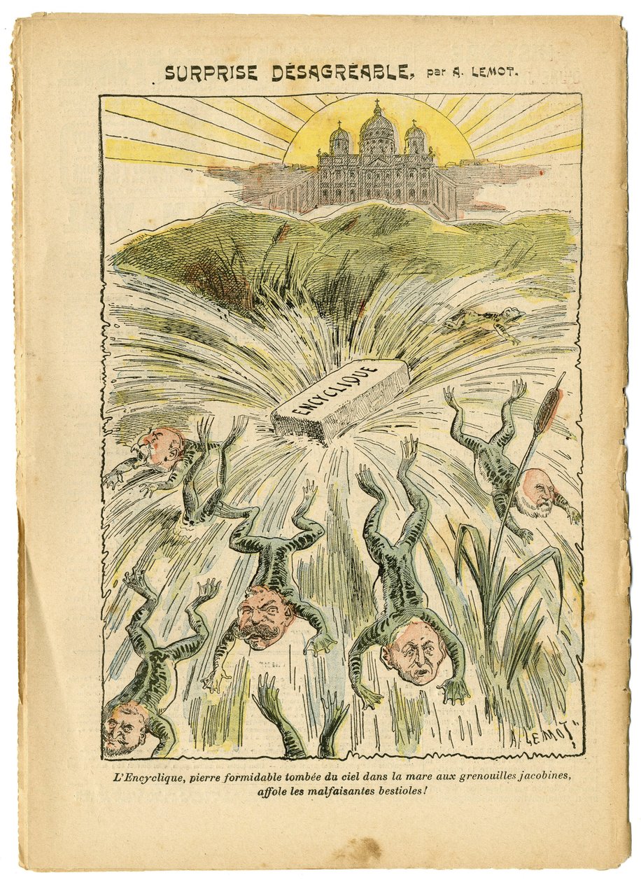 Illustration af Achille Lemot (1846-1909) i Le Pelerin, 26/08/06 - Ubehagelig overraskelse - Gejstlig/antirepublikansk, Religion Tro, Vatikanet, Udtryk, Katolsk Katolicisme - Encyklika - Batracian Frog - Animalisering af Achille Lemot