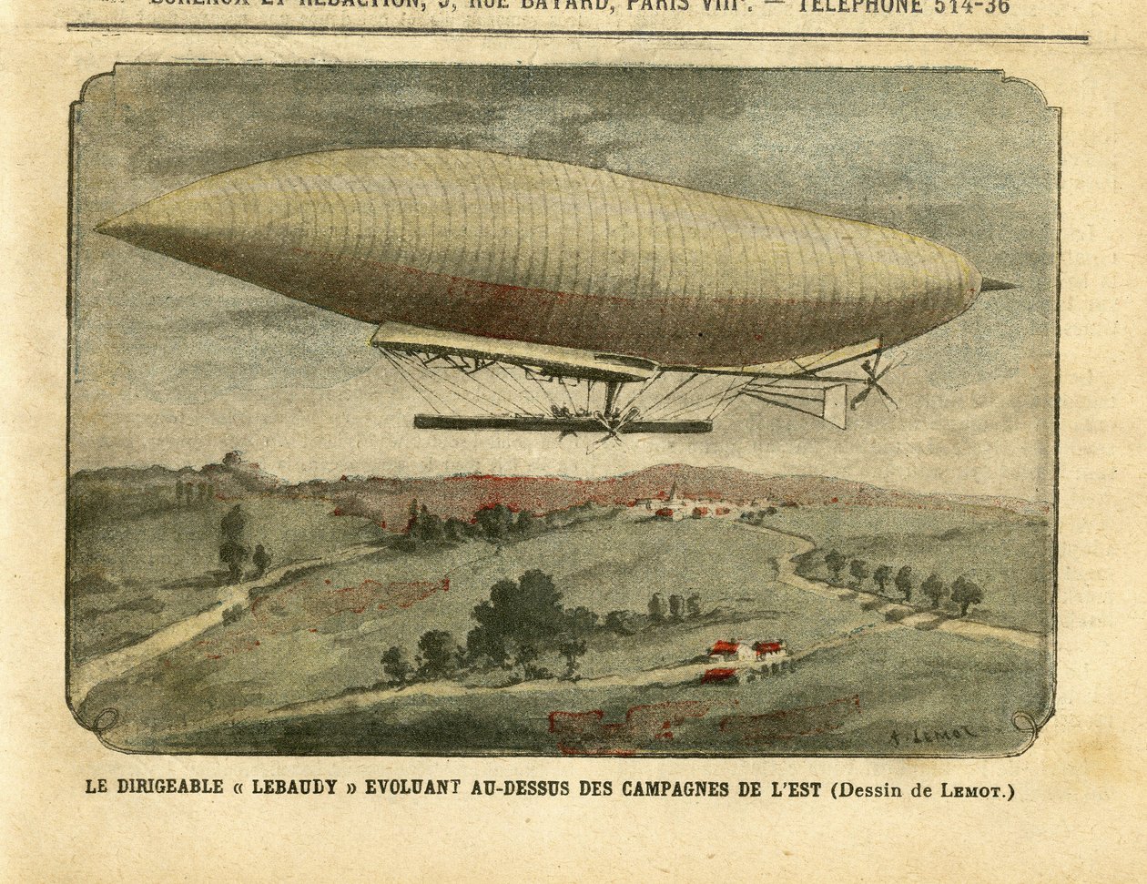 Illustration af Achille Lemot (1846-1909) i Le Pelerin, 26/11/05 - Luftskibet "" Lebaudy"" udvikler sig over det østlige landskab - Kampagne, Balloner luftskibe zeppelinere aerostation, Lebaudy af Achille Lemot