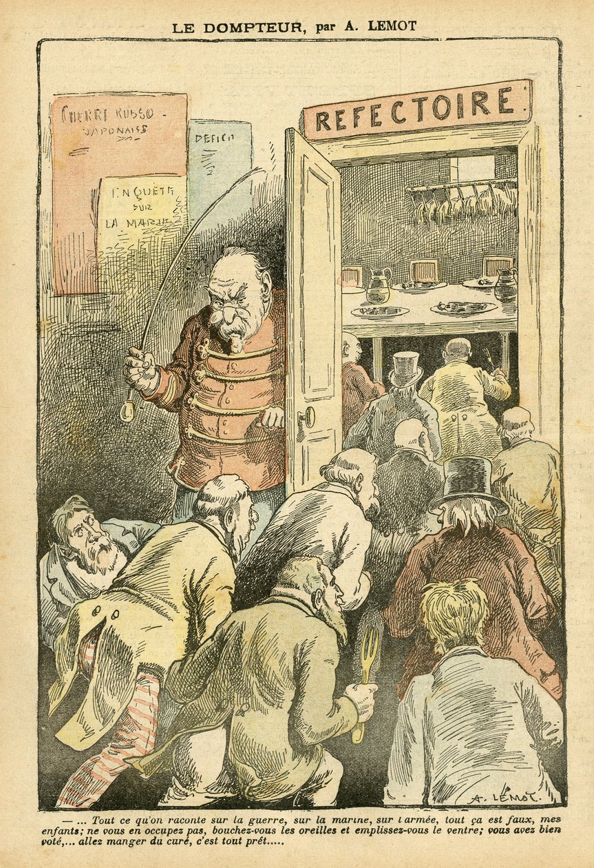 Illustration af Achille Lemot (1846-1909) i Le Pelerin, 27/03/04 - Tæmmeren - Restaurantcaféer, gastronomisk kok - Combes Emile (1835-1921), Tamer - Madmetafor af Achille Lemot