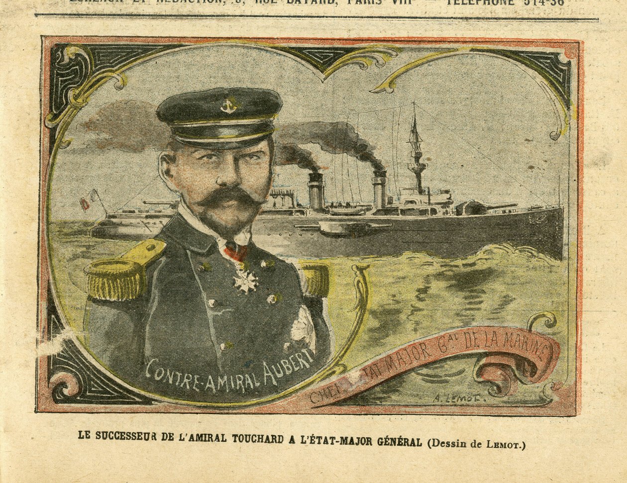 Illustration af Achille Lemot (1846-1909) i Le Pelerin, 27/08/05 - Admiral Touchards efterfølger til generalstaben - Armee, Marine Marine Balneaire, Stab, krigsskibe - Admiral Admirals, Aubert Marie Jacques Charles (1848-1915) ), Touchard Philippe (18 af Achille Lemot