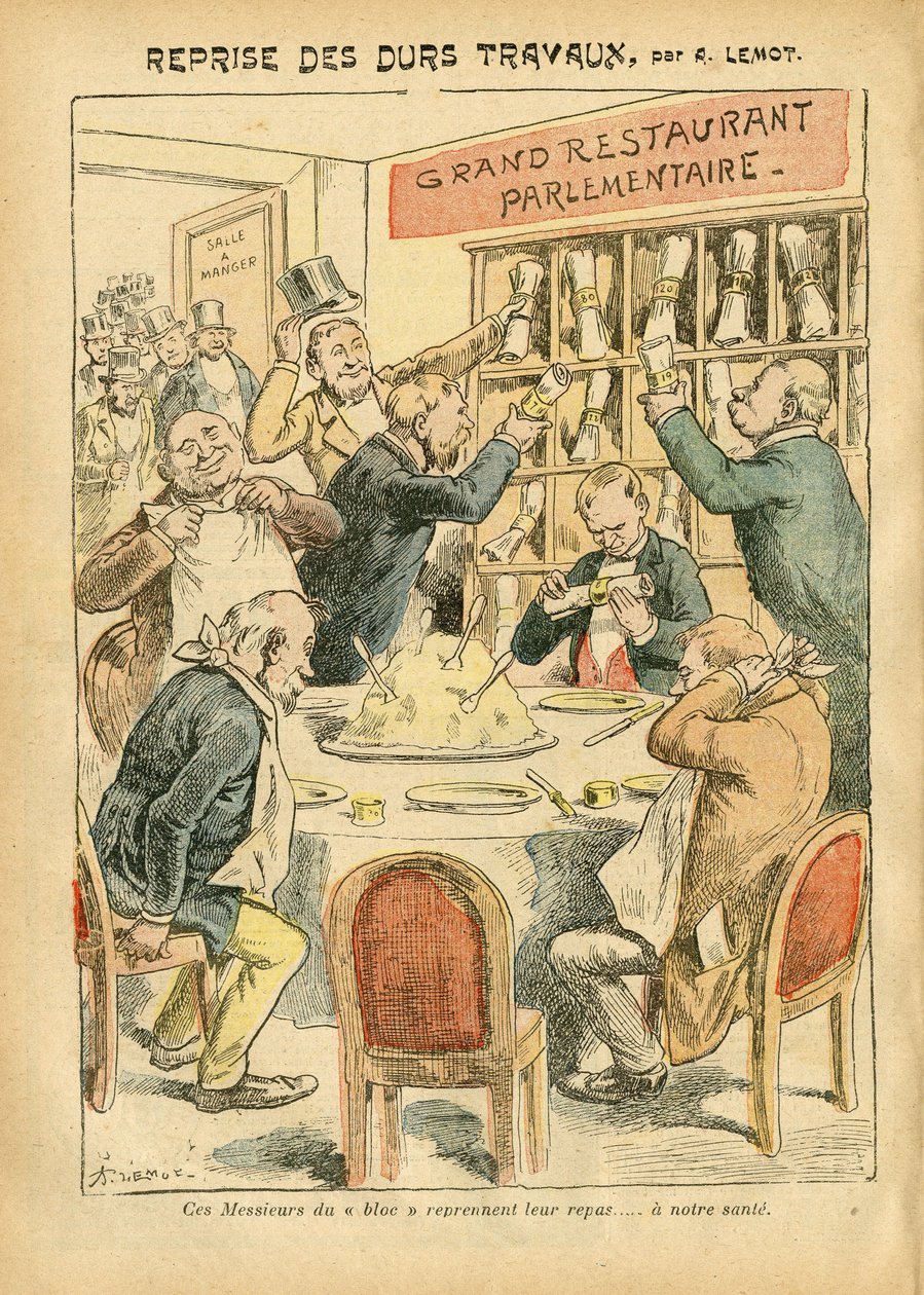 Illustration af Achille Lemot (1846-1909) i Le Pelerin, 27/10/07 - Genoptagelse af hårdt arbejde - Antiparlamentarisme, Restaurantcaféer, Deputeretkammeret Hemicycle, Bloc des lefts, Plate au beurre - Deputeret - Metaphore alimentaire af Achille Lemot
