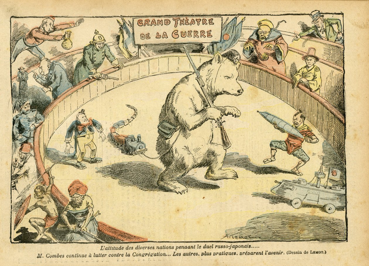 Illustration af Achille Lemot (1846-1909) i Le Pelerin, 28/02/04 - Forskellige nationers holdning... - Rusland, russisk-japansk krig - Combes Emile, Bjørn, Fair Bear - Animalisering, Karneval/Spil/Cirkus af Achille Lemot