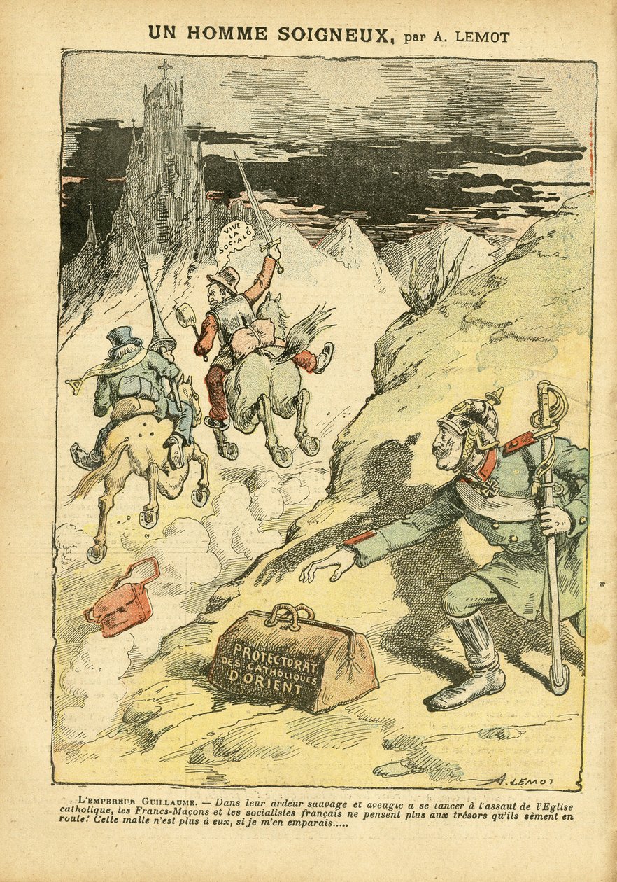 Illustration af Achille Lemot (1846-1909) i Le Pelerin, 28/05/05 - A Careful Man - Antiklerikalisme, Social, Kolonisering Kolonialisme Kolonisme, Franco-Makonisme, Orient, Religion Tro, Venstreblok, Socialisme, Protektorat for den østlige katolicisme, kato af Achille Lemot