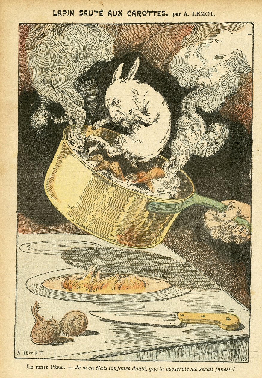 Illustration af Achille Lemot (1846-1909) i Le Pelerin, 29/01/05 - Kaninjumte med gulerødder - Arkivetui, Gastronomi køkken - Combes Emile (1835-1921), Kanin - Kasserolle - Madmetafor, Animalisering af Achille Lemot