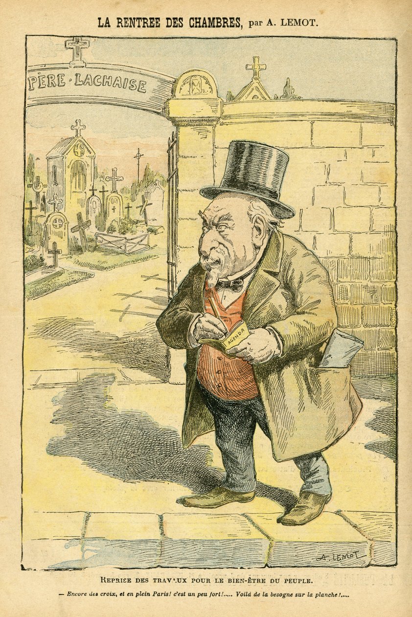 Illustration af Achille Lemot (1846-1909) i Le Pelerin, 29/05/04 - La rentree des rooms - Religion Faith, Cemetery, Bloc des lefches, Mourning Obseques Funerailles, Pere Lachaise, katolsk katolicisme - Laicisering af det religiøse rum, Laicite Laiques af Achille Lemot