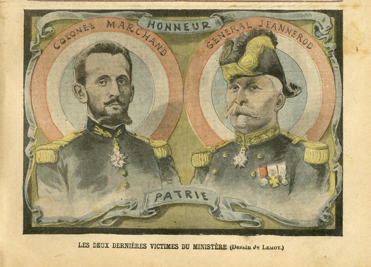 Illustration af Achille Lemot (1846-1909) i Le Pelerin, 29/05/04 - Ministeriets to sidste ofre - Armee, Ministere de la guerre, Patriotisme - Laicisation Laicite Sekulære love - Marchand Jean-Baptiste (1863-1924) , General Generaux, Jeannerod Gaspa af Achille Lemot