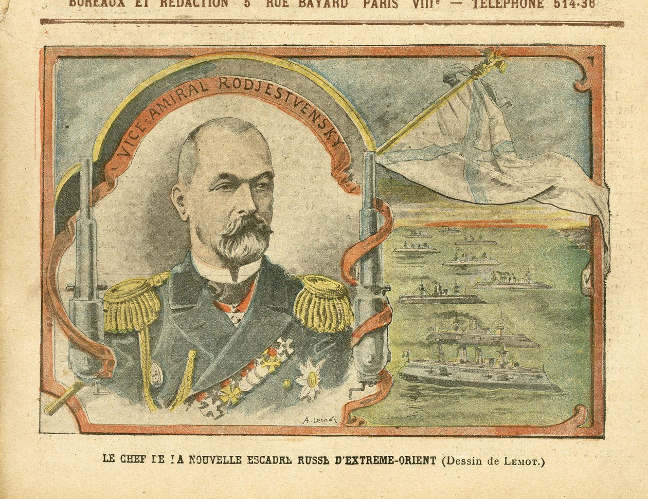 Illustration af Achille Lemot (1846-1909) i Le Pelerin, 30/04/05 - Lederen af den nye russiske fjernøst-eskadron - Rusland, Armee, Navy Seaside, krigsskibe - Admiral Admirals, Rodjestvensky (Zinovi Rozhestvensky) af Achille Lemot