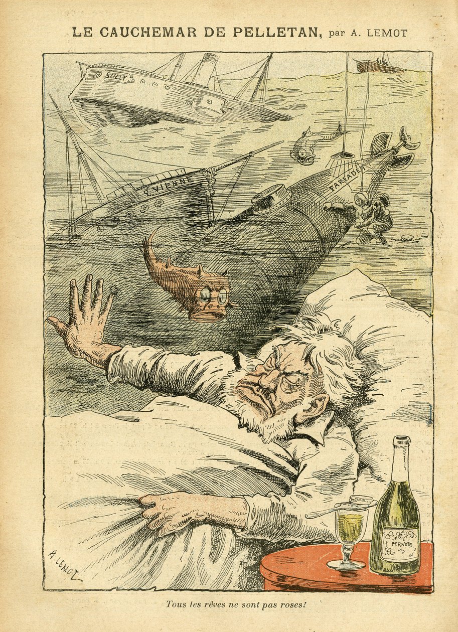 Illustration af Achille Lemot (1846-1909) i Le Pelerin, 30/07/05 - Pelletans mareridt - Forskellige fakta, Armee, Marine Marine Marine Seaside, Ubåd, Katastrofeulykker, Alkoholisk Alkoholisk Alkohol, Farfadet, Sully, Krigsskibe - Fisk , Pelletan Cam af Achille Lemot