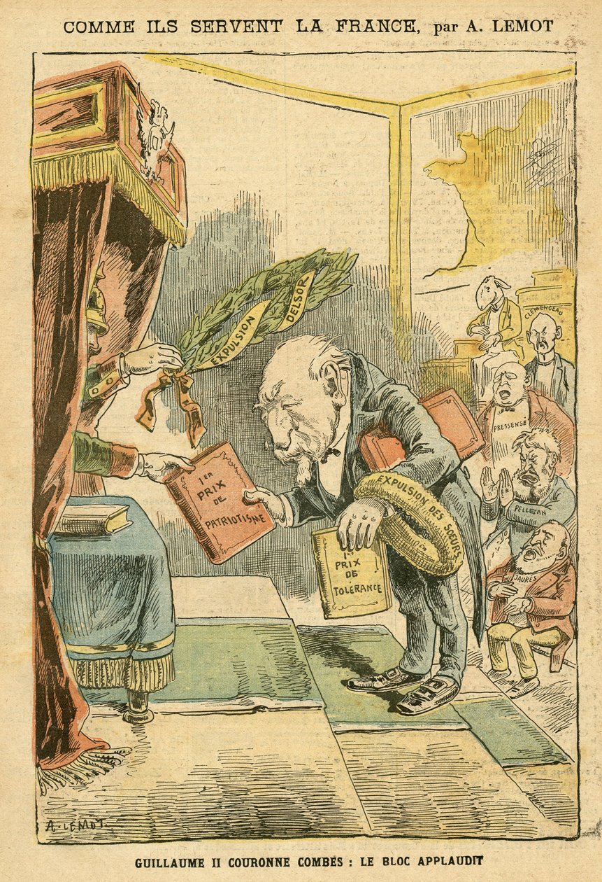 Illustration af Achille Lemot (1846-1909) i Le Pelerin, 31/01/04 - Sådan tjener de Frankrig - Tyskland Preussen, Religion Tro, Bloc des Left, Patriotisme, Katolsk Katolicisme - Udsættelse af religiøse - Combes Emile (1835-1921) , William II, Delsor Nicolas af Achille Lemot