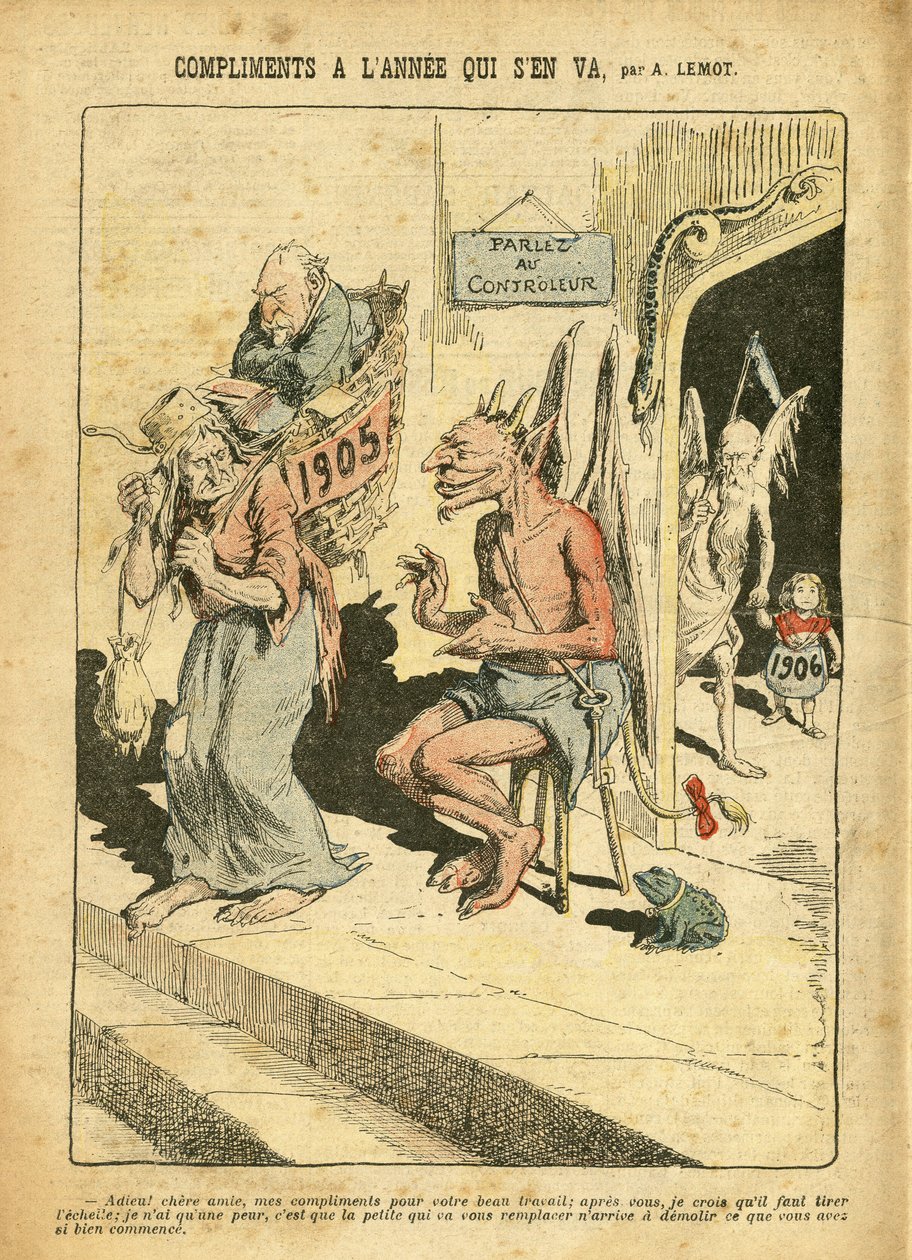 Illustration af Achille Lemot (1846-1909) i Le Pelerin, 31/12/05 - Årets komplimenter - Religion Tro, katolsk katolicisme - Combes Emile (1835-1921), Djævelen, Tiden (Allegori af) af Achille Lemot