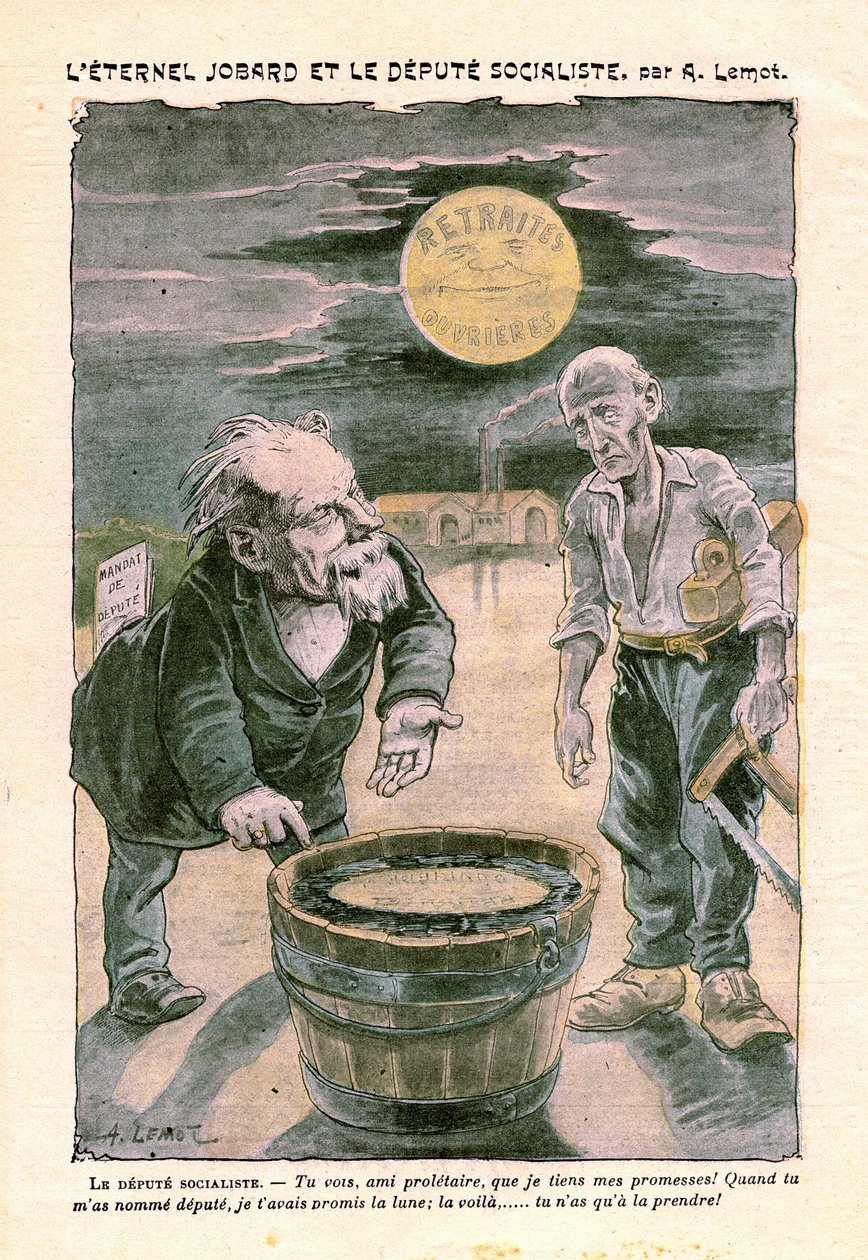 Socialistisk stedfortræder, der lover månen (pensionering) til en fattig proletar (tømrer), i Le Pelerin, katolsk ugeblad nr. 1391 af 30. august 1903 af A. Lemot (tegning) af Achille Lemot