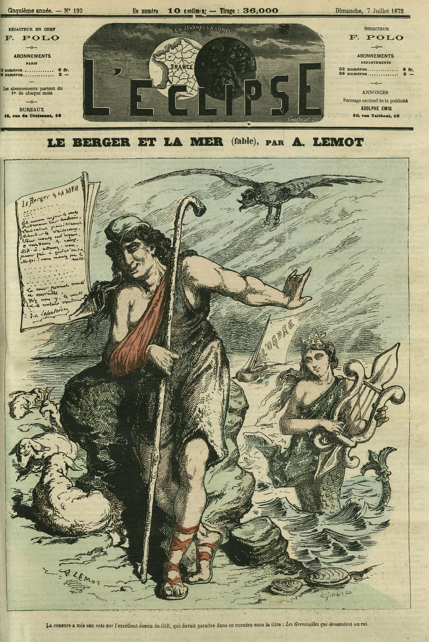 Hyrden og havet illustrerer en fabel, der erstatter tegneserien af Gill "The Frogs Who Ask for a King"", der er forbudt af censur. Cover i "" L