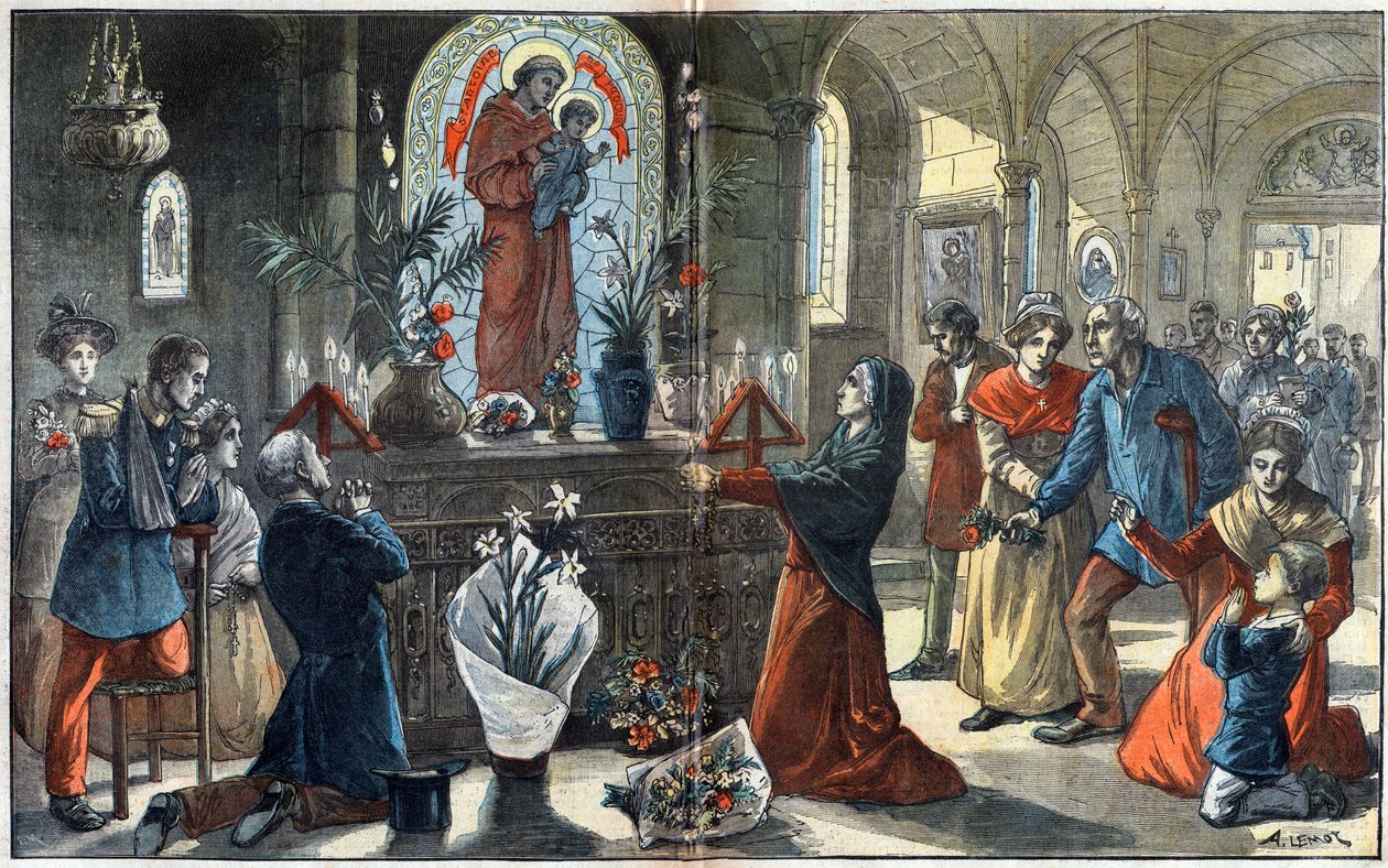 Hengivenheden til den hellige Antonius af Padova (San Antonio di Padova) genforener foran hans alter alle samfundets klasser - Illustration af Achille Lemot i "" Le-Pelerin"" fra 1896 af Achille Lemot