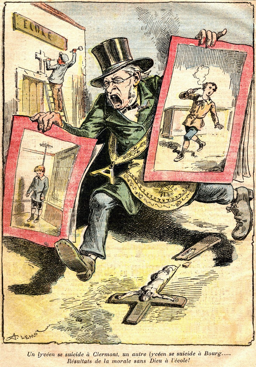 Resultaterne: et lyceenselvmord i Clermont, et andet i Bourg: resultater af moral uden Gud i skolen! - Tegneserie af Achille Lemot (1846-1909) i Le Pelerin (1909) - modstand mod Laique og religiøs undervisning (katolsk) - en embedsmand fra Republikken Wea af Achille Lemot