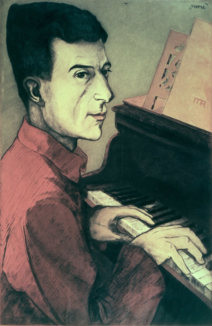 Portræt af Maurice Ravel, der spiller klaver af Achille Ouvré