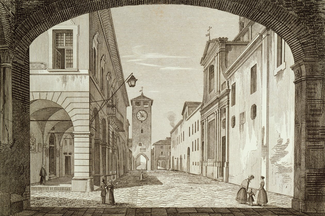 Udsigt over Castel Bolognese-pladsen i Legation of Ravenna, indgraveret af Achille Parboni (1783-1841), Italien af Achille Parboni